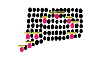 A map showing where child care deserts are in CT