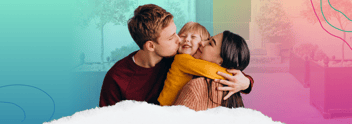 Man and woman kissing child's cheeks